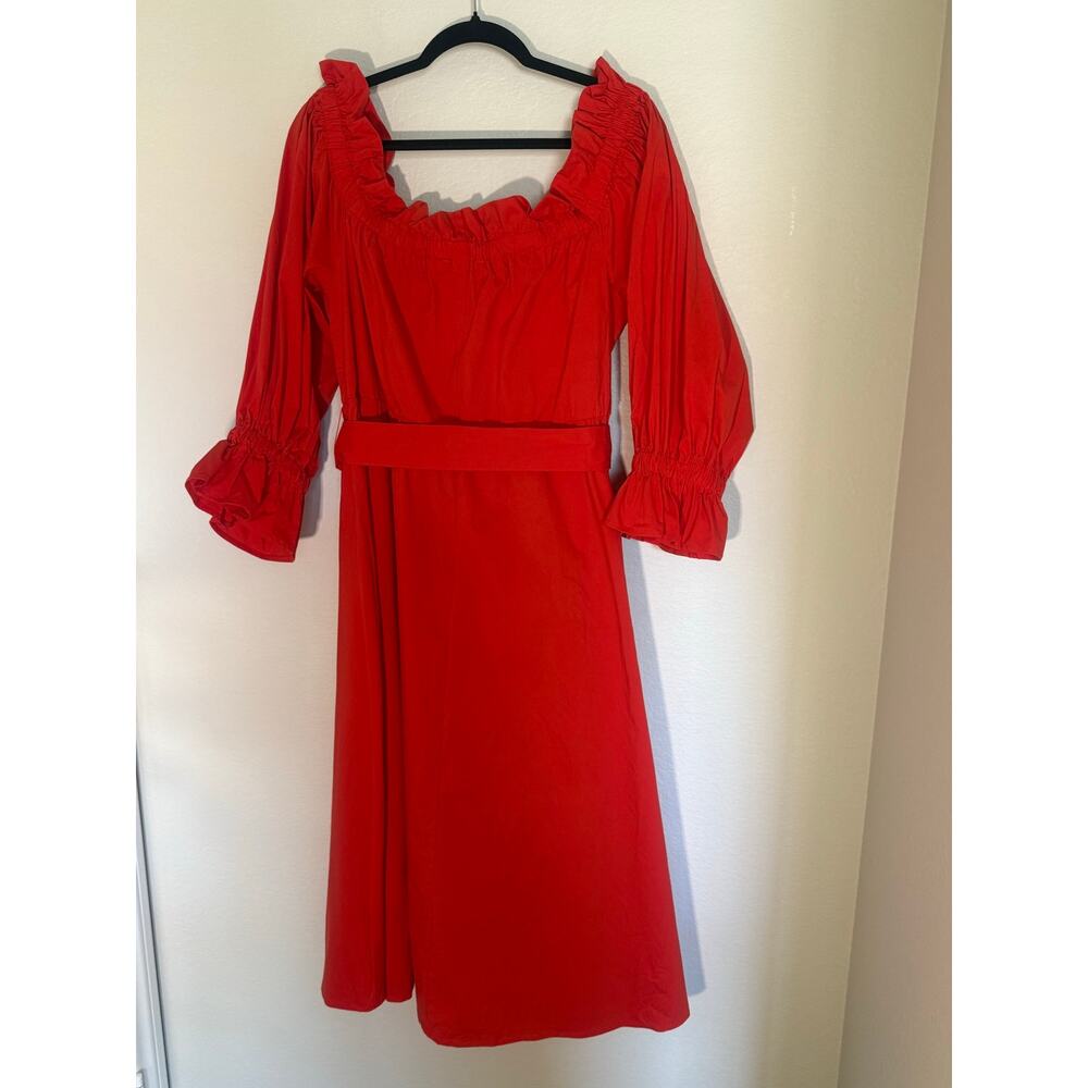 ELOQUII Hot Orange Sweetheart Neck Puff Sleeve Belted Midi Dress Plus Size 16 - Picture 6 of 7